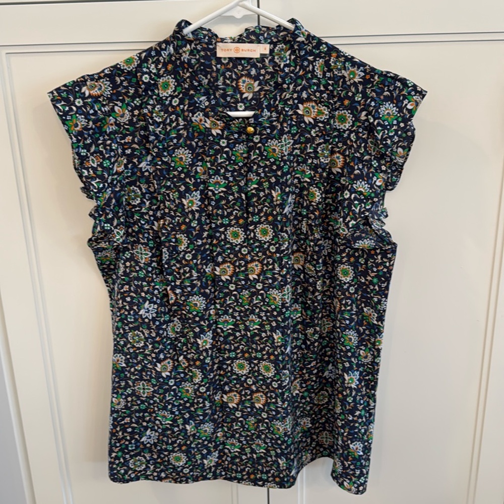 Tory Burch Green/Blue Blouse. Size 6.
